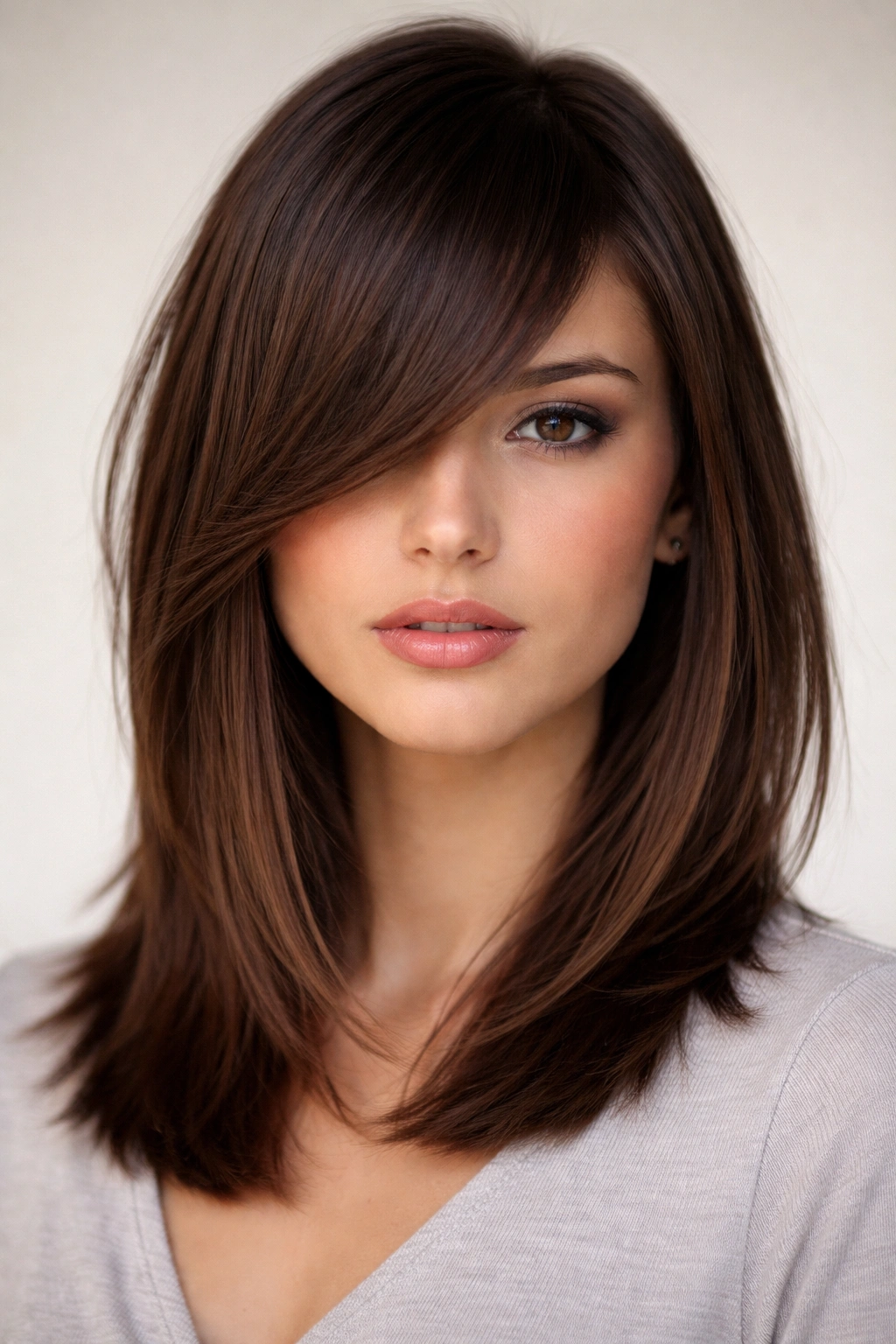 Close-up of asymmetrical bangs on medium-length hair
