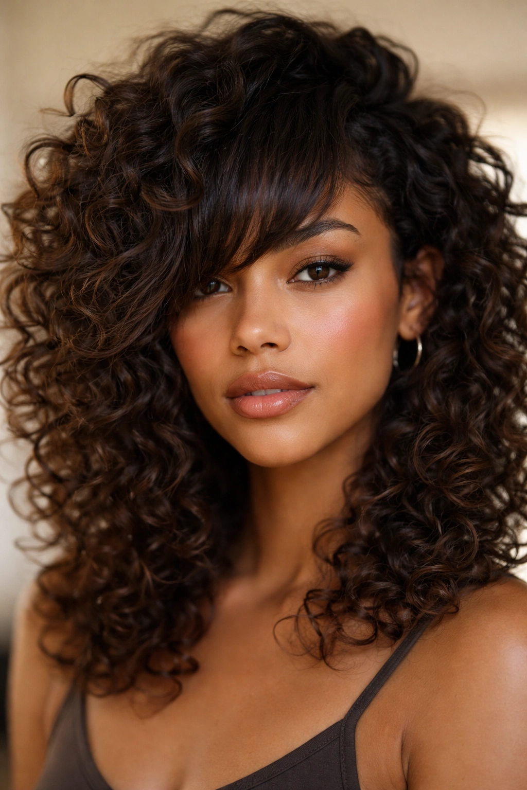 Close-up of asymmetrical bangs with uneven lengths on curly hair.