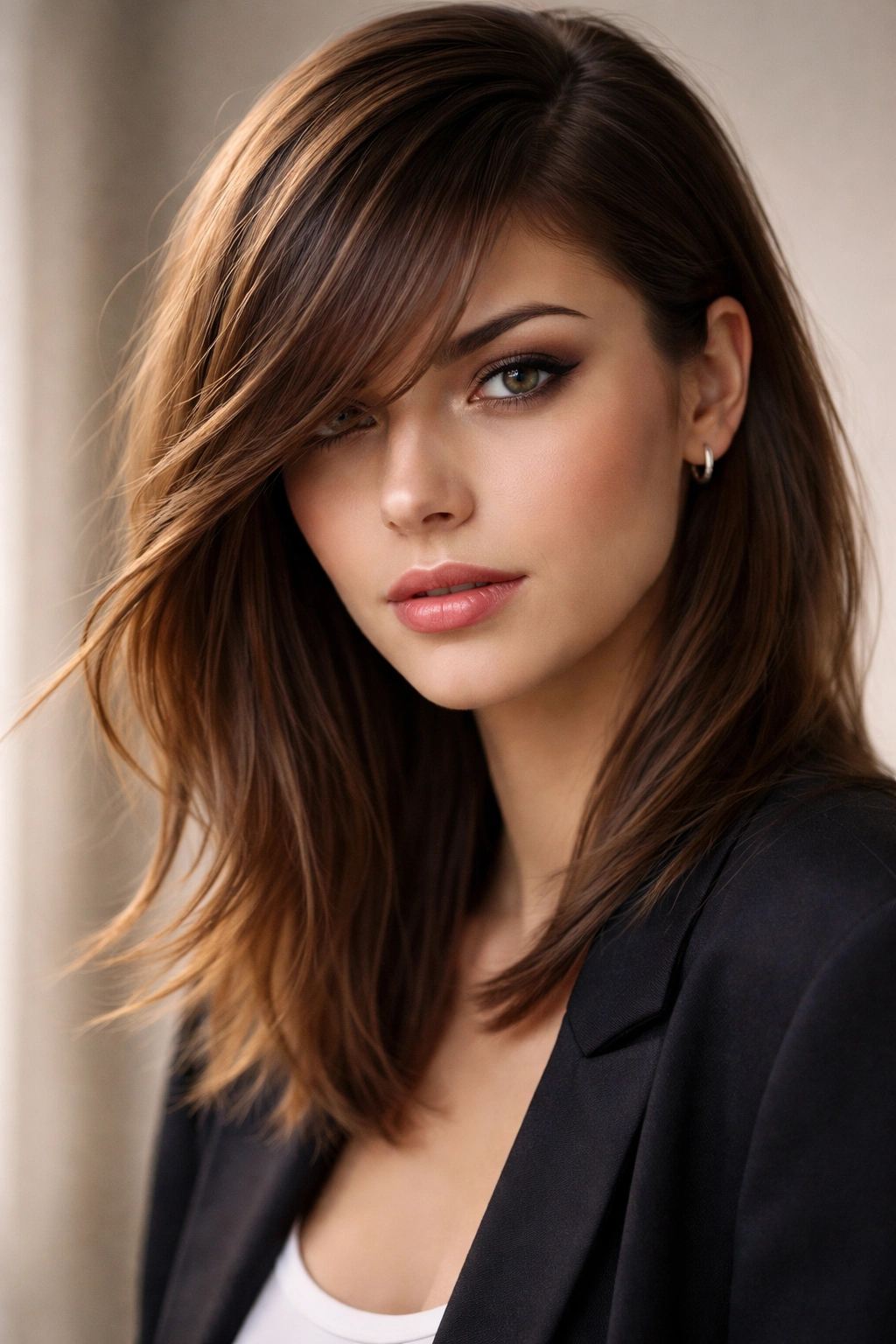 Portrait of a model with asymmetrical angled bangs and a side part emphasizing diagonal lines