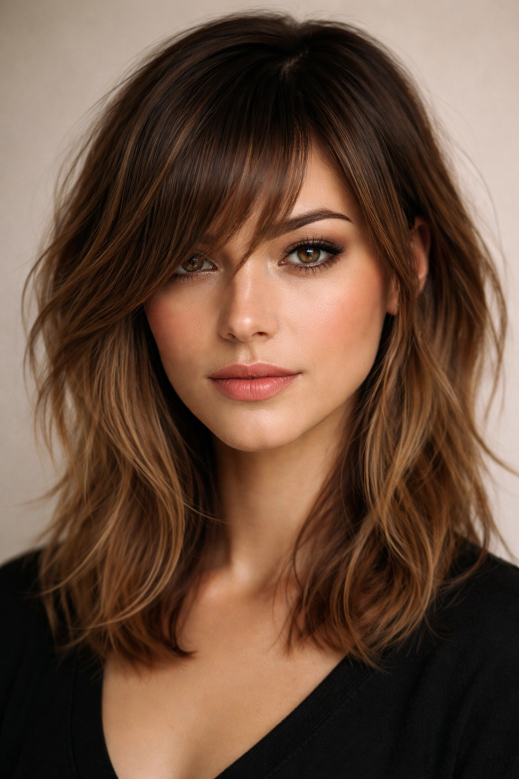 Close-up of asymmetrical bangs with uneven lengths on medium-length hair