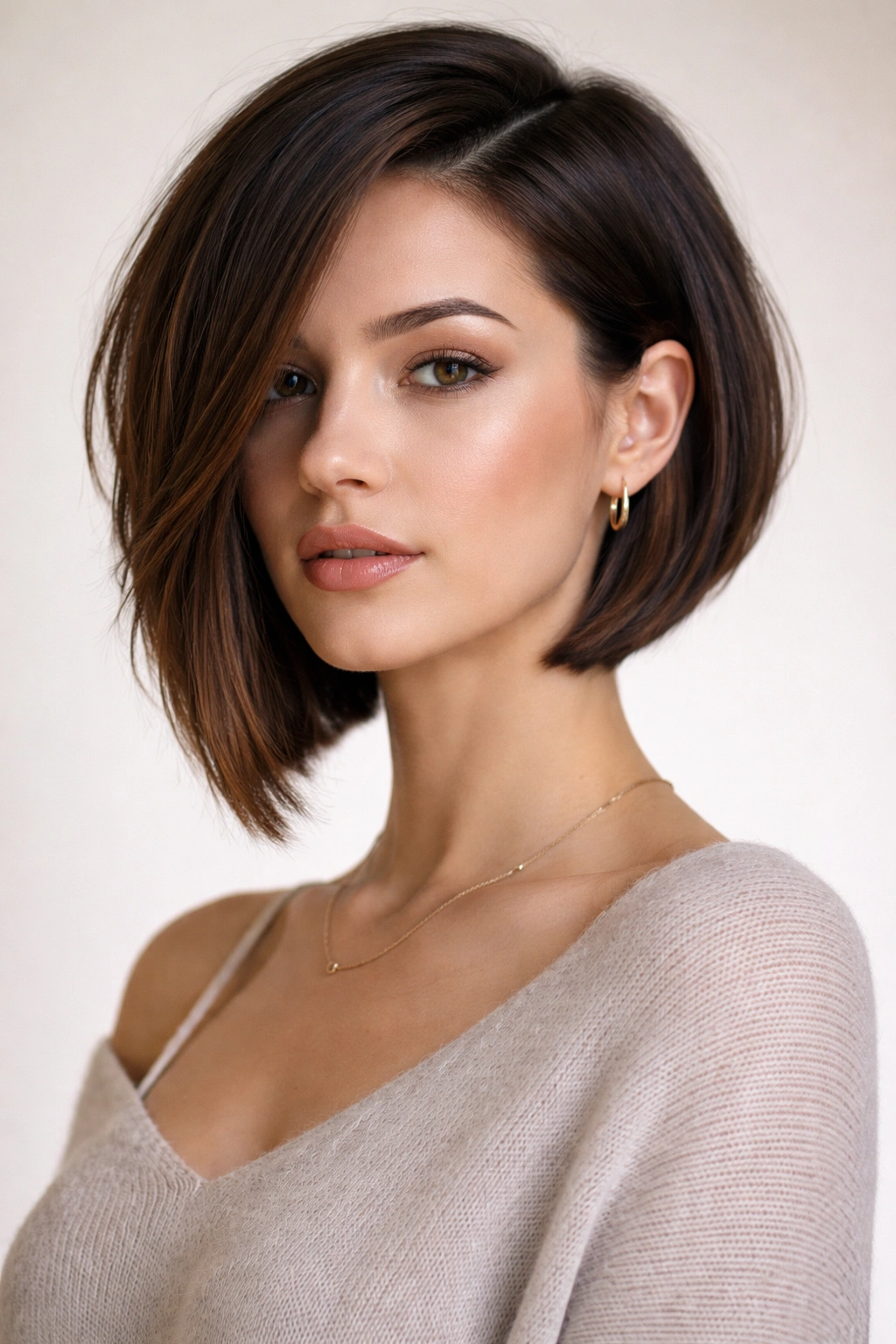 Asymmetrical bob with uneven lengths creating bold silhouette.