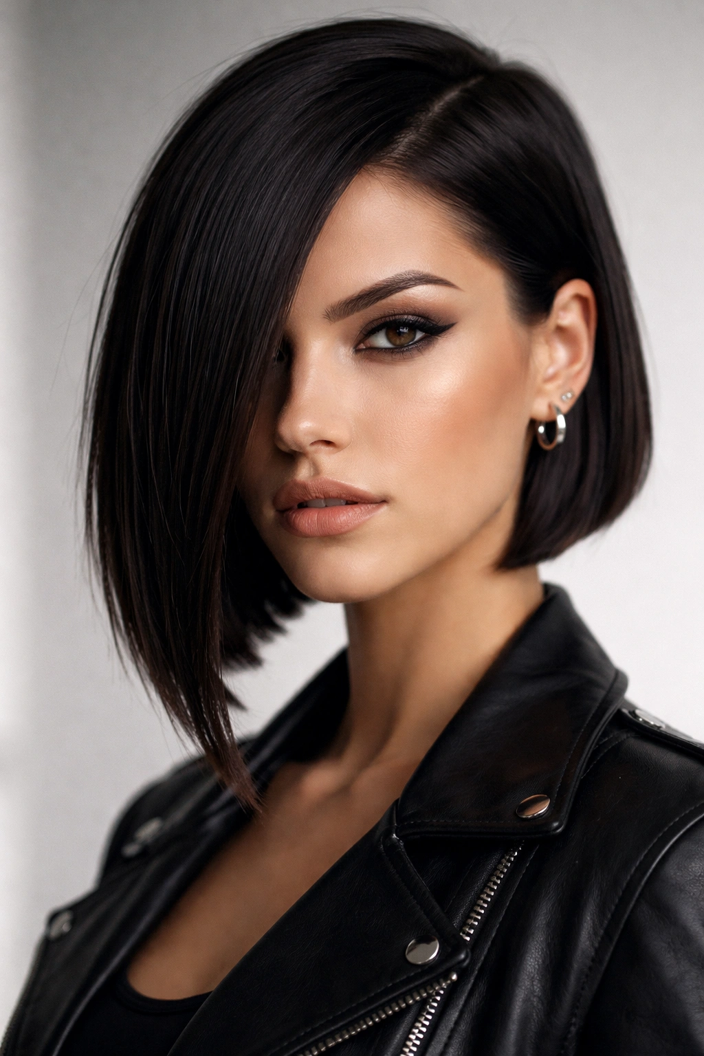 Portrait of a model wearing an asymmetrical sharp bob with a pronounced uneven line.