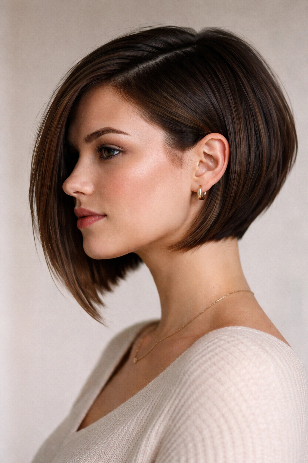 Profile view of a person with an asymmetrical bob featuring a longer and a shorter side