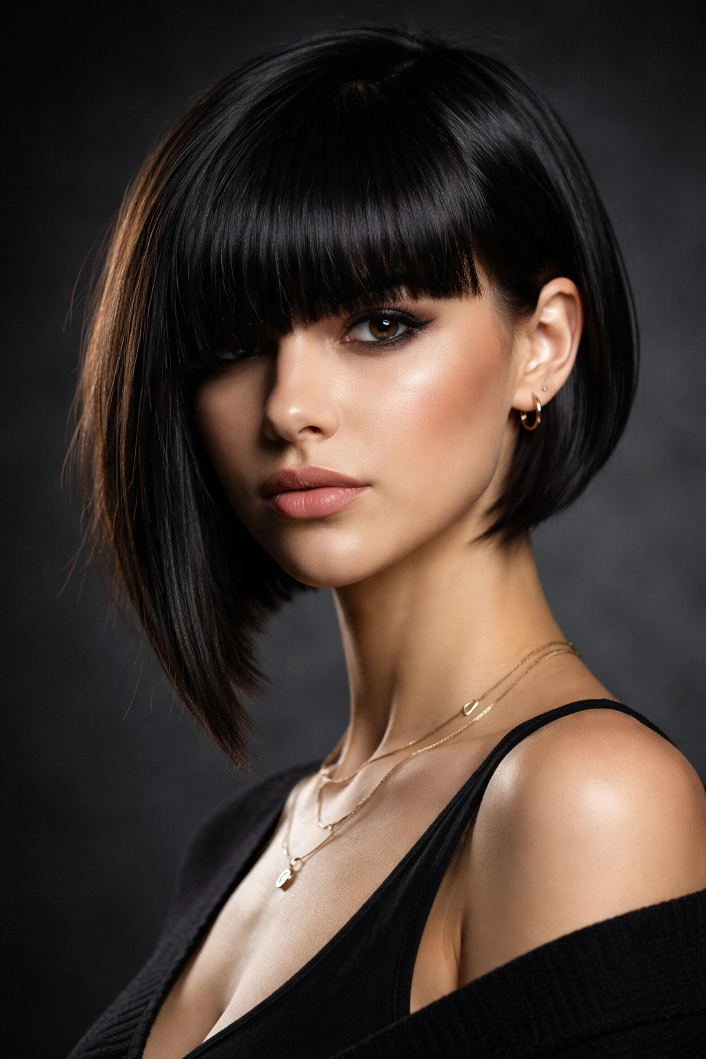 Portrait of an asymmetric bob with bold blunt bangs highlighting dramatic silhouette.