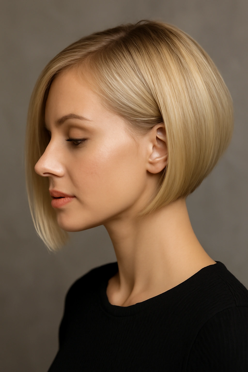 Portrait of a blonde sleek asymmetrical bob with uneven lengths