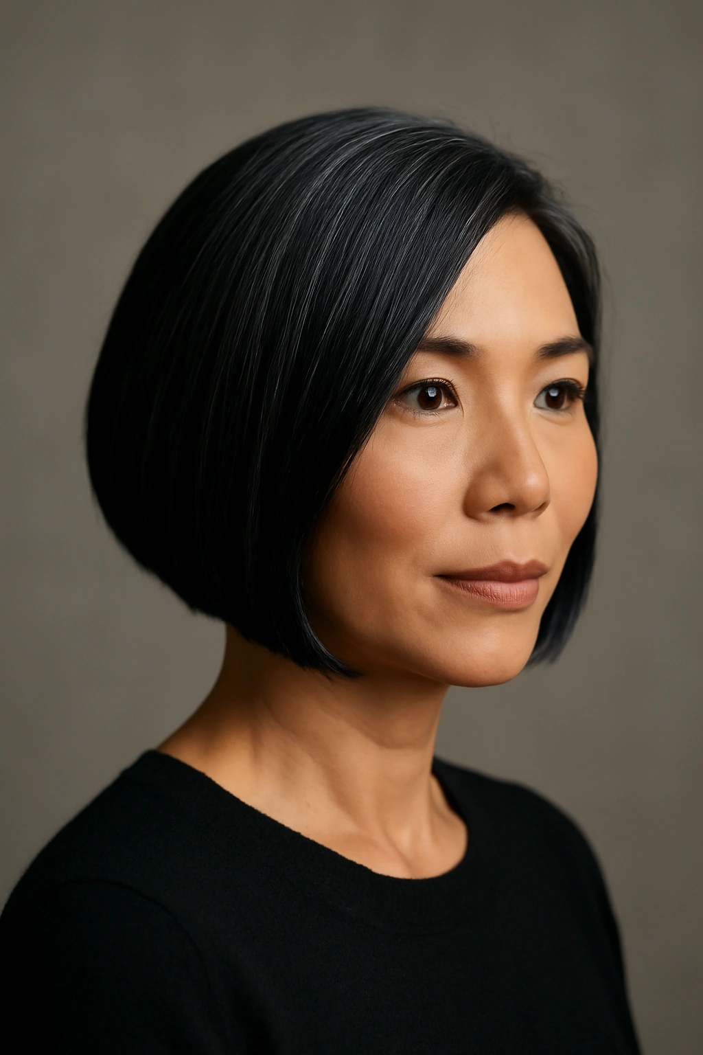 Portrait of an Asian woman over 50 with a blunt asymmetrical bob.