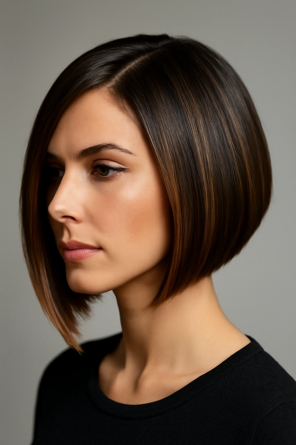 Sleek asymmetrical bob with caramel accents along the longer side and around the face.