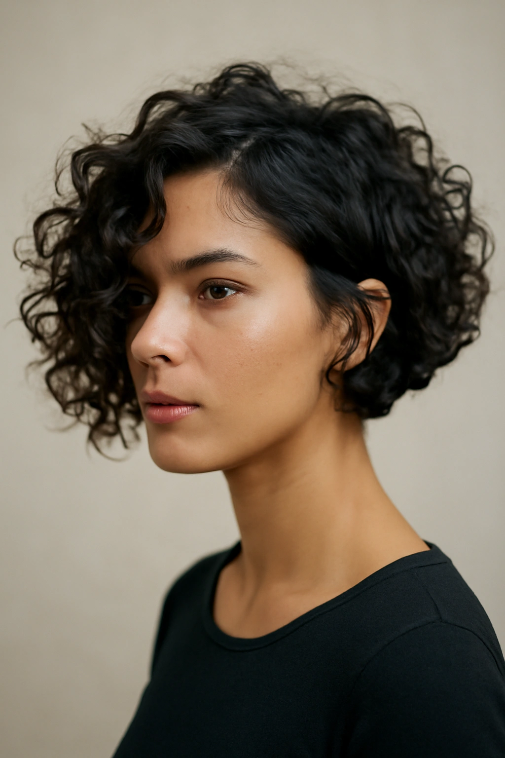 Asymmetrical bob with longer side and face-framing curls