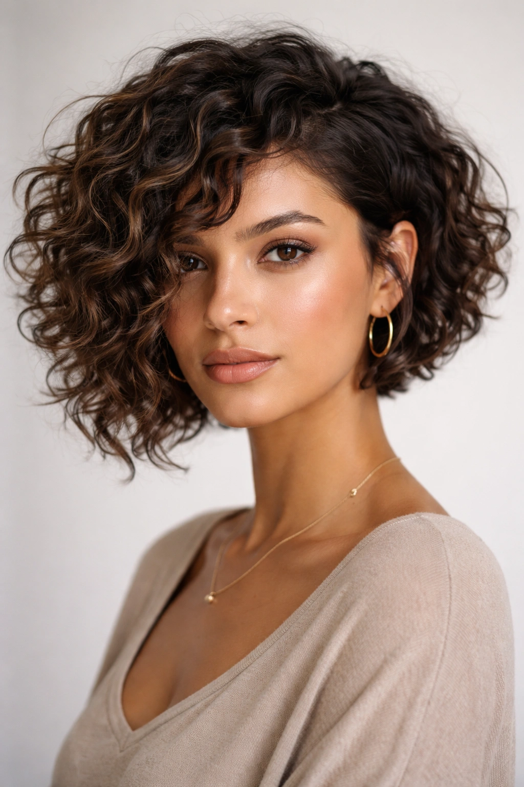 Asymmetrical choppy bob on curly hair