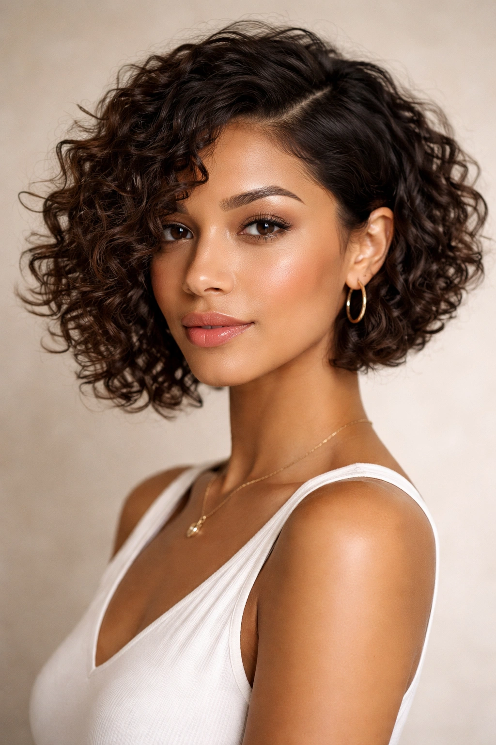 Diamond-shaped face with asymmetrical bob and curly hair