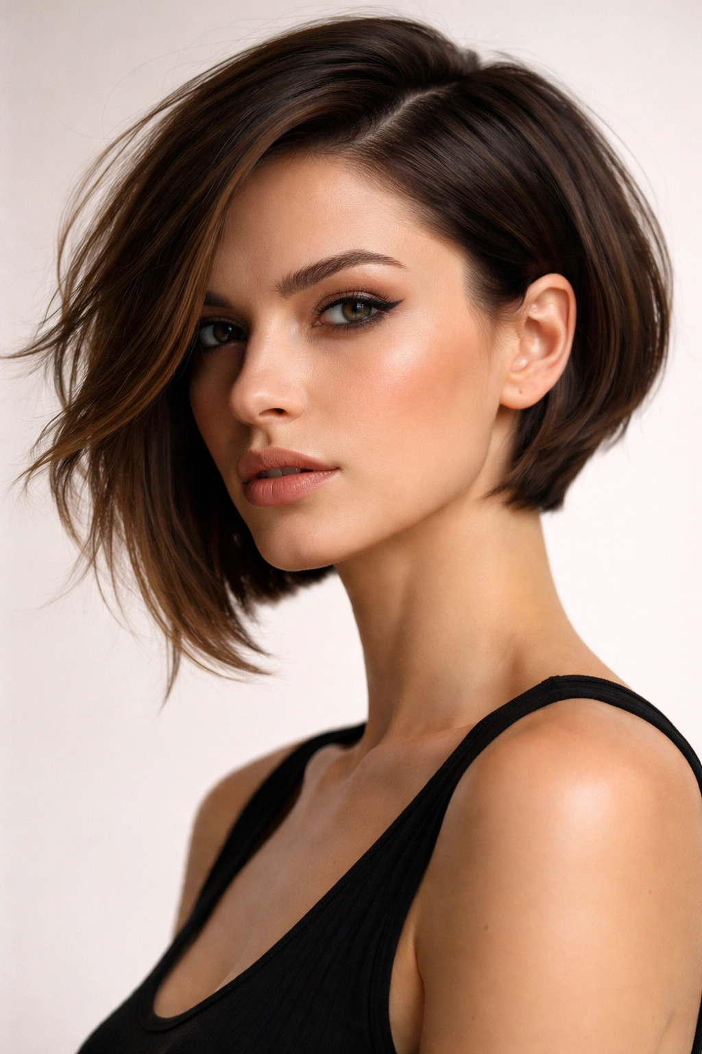 Asymmetrical bob on geometric-face subject with uneven sides