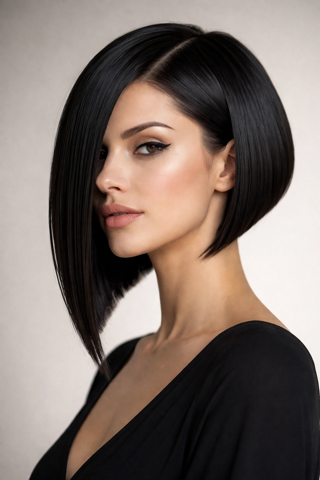 Three-quarter view of asymmetrical bob showing longer side and shorter opposite side with crisp lines