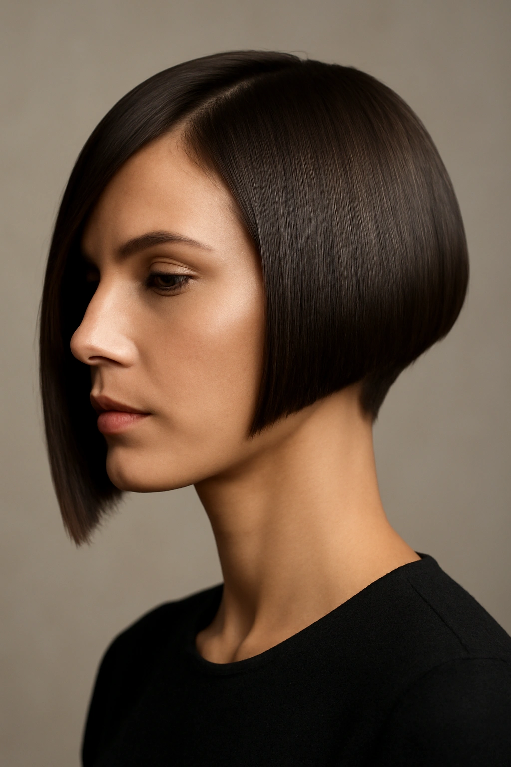 Close-up side profile of a structured geometric asymmetrical bob showing dramatic length difference