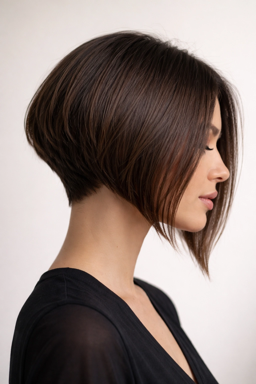 Asymmetrical bob with graduated length creating subtle, modern elegance.