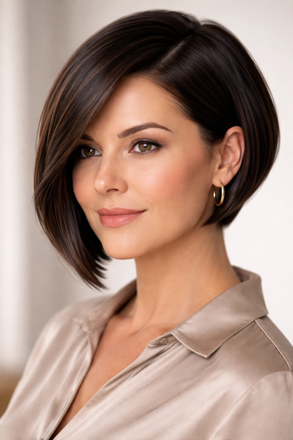 Round-faced woman wearing a sleek asymmetrical bob with longer and shorter sides