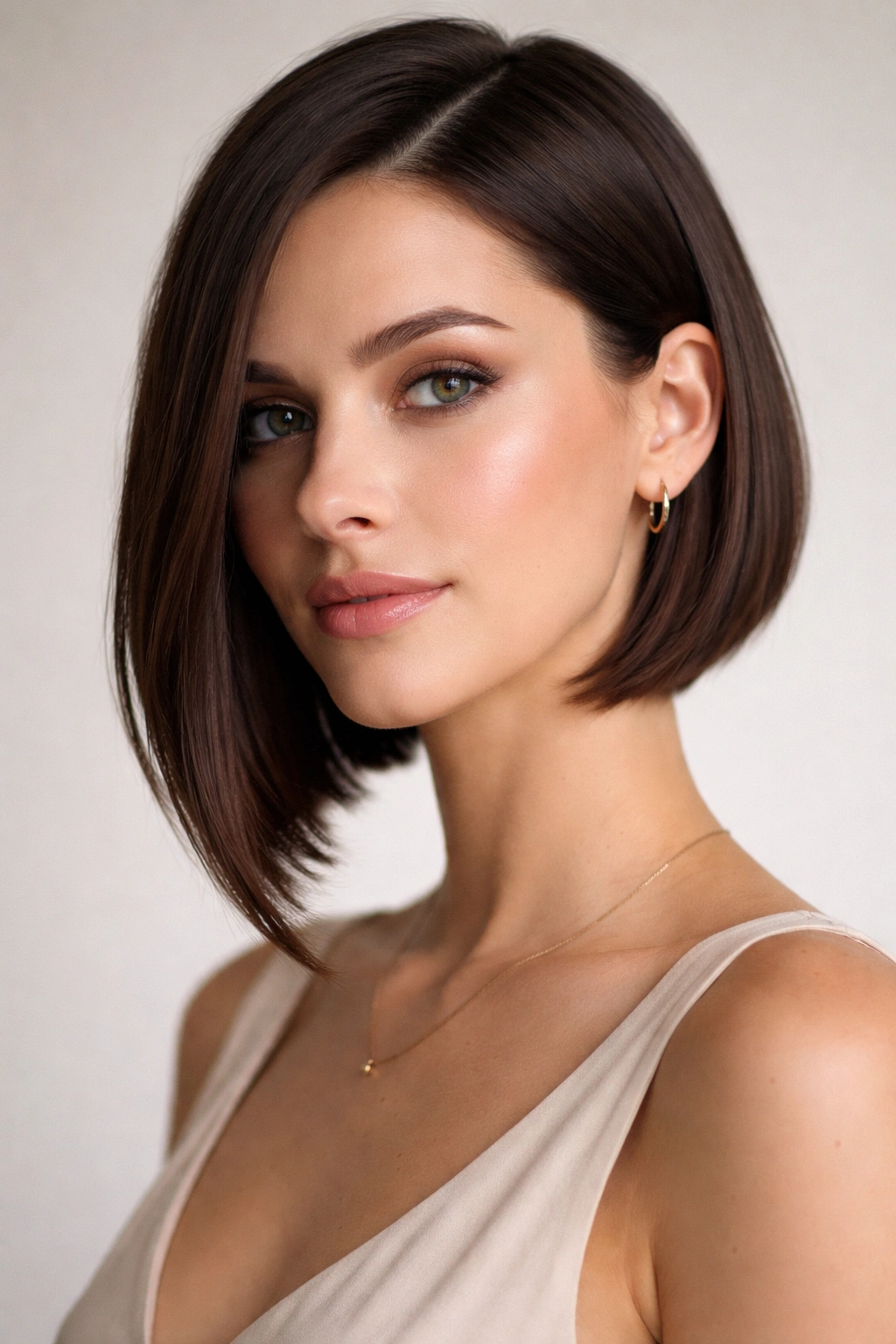 Close-up of an asymmetrical bob with a longer chin-length side and shorter ear-length side