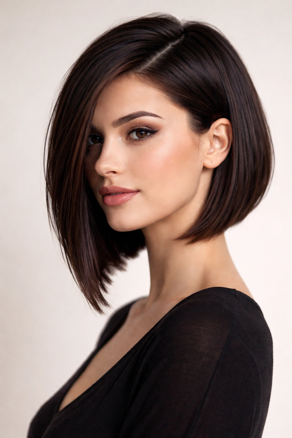 Close-up of a model with an asymmetrical bob hairstyle showing one longer side on an oval face.