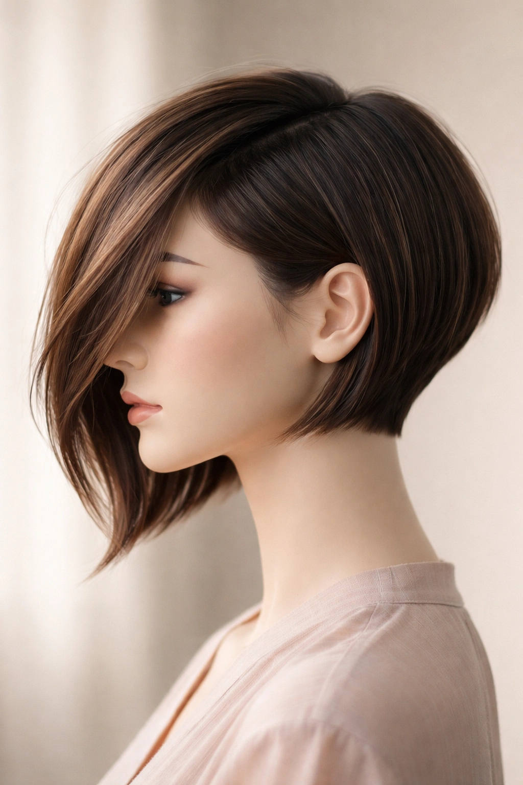 Asymmetrical bob hairstyle on a head mannequin with uneven lengths