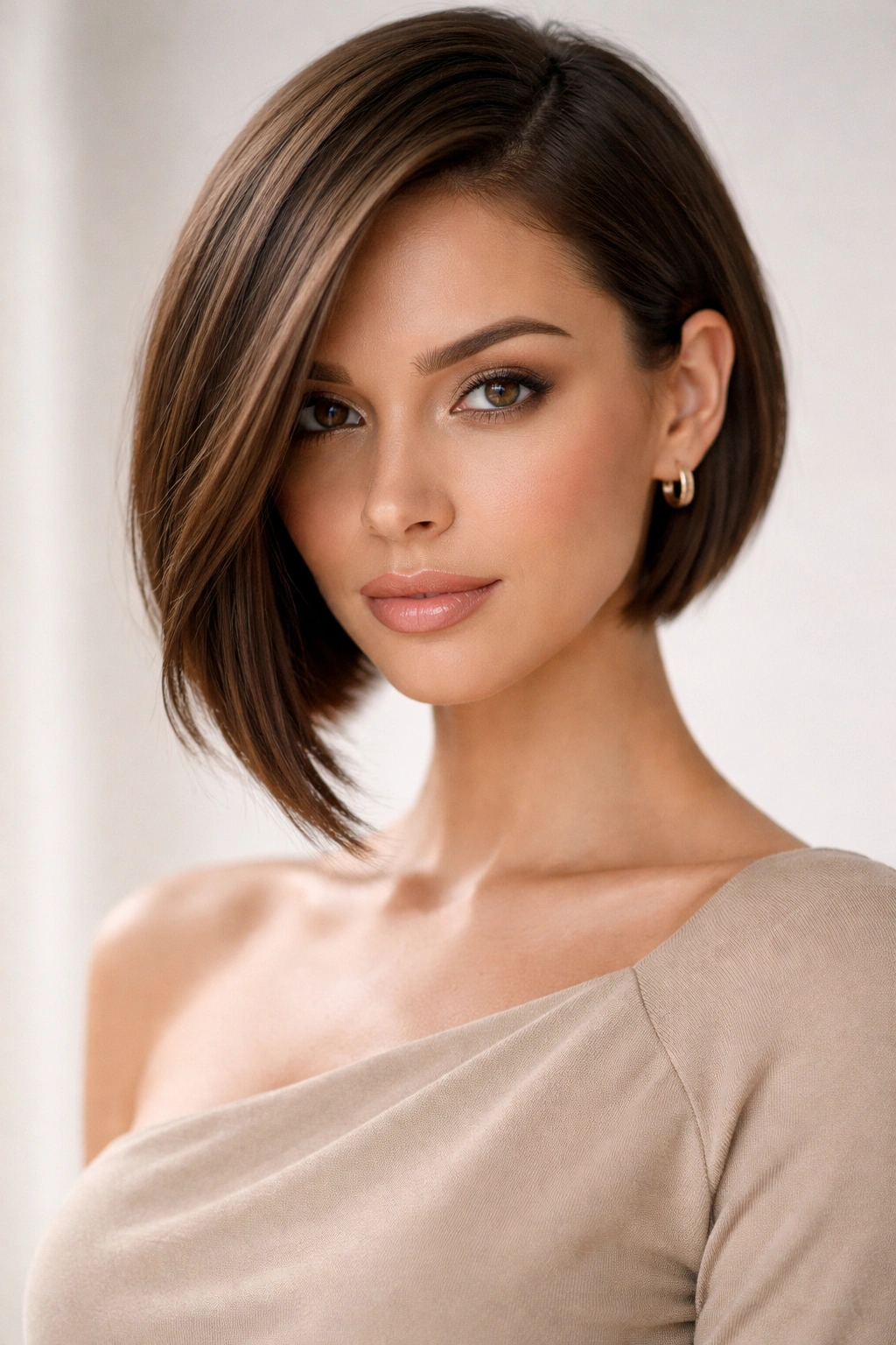 Portrait of an asymmetrical bob with differing side lengths.