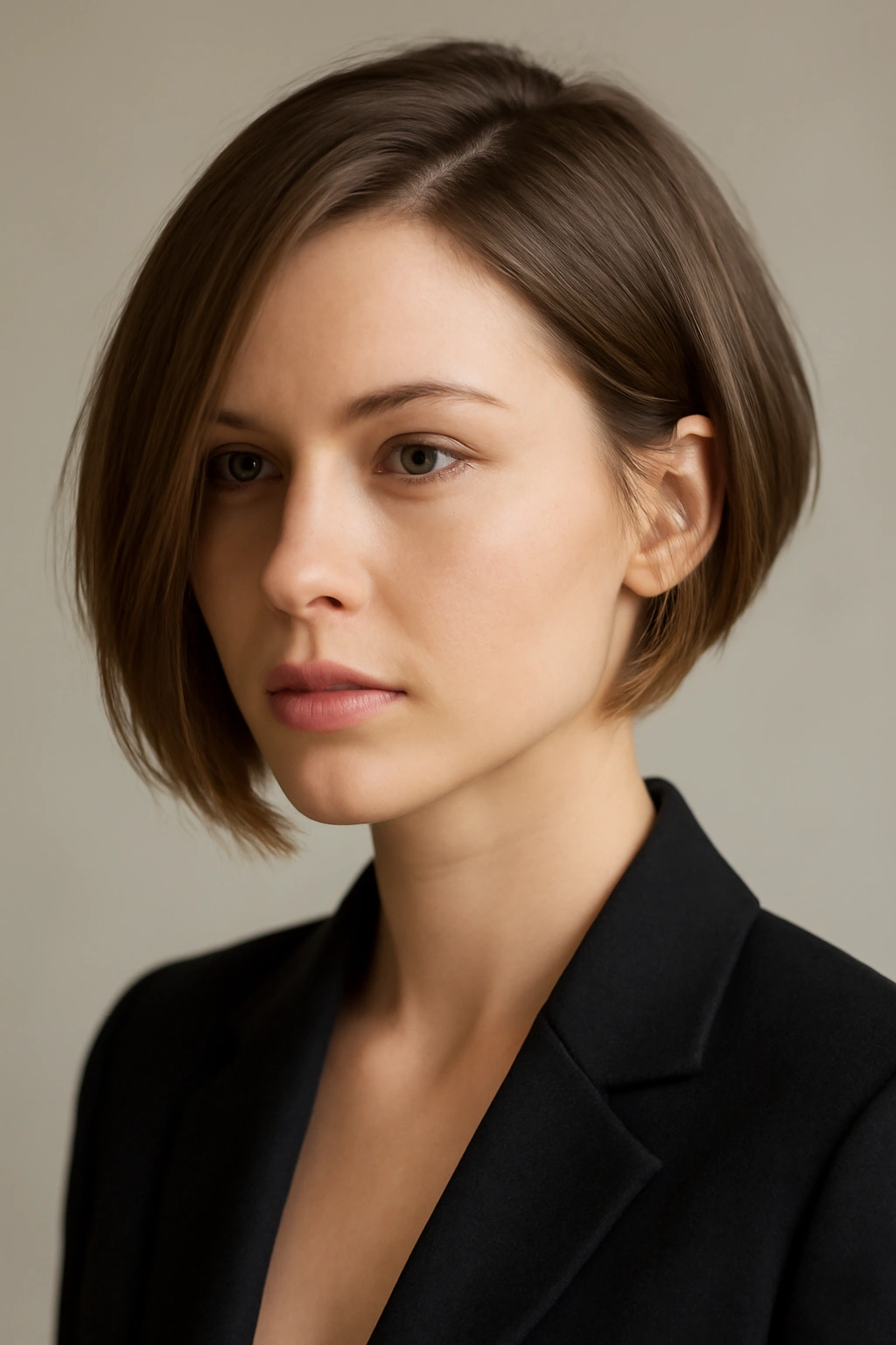 Asymmetrical bob with longer side sweeping across the face.