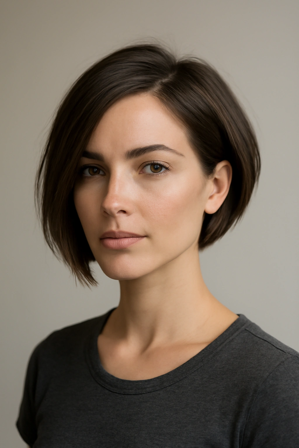 Close-up portrait of a person with an asymmetrical bob showing different side lengths.