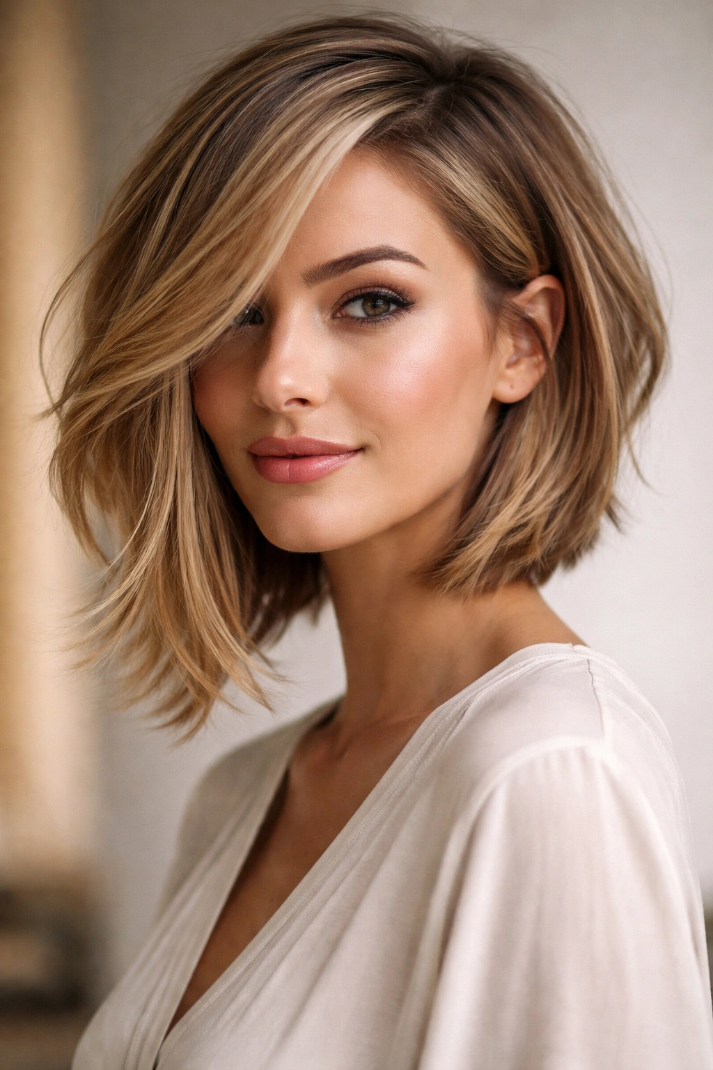 Asymmetrical bob with long swept layers and waves