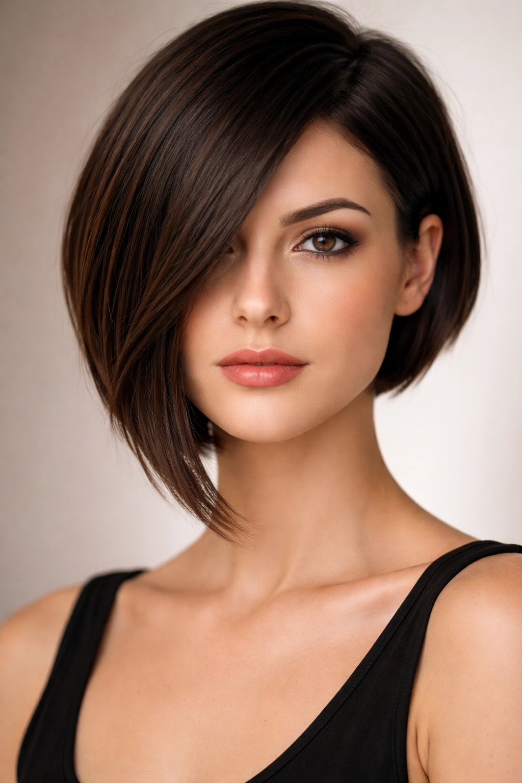 Asymmetrical bob with longer side showing length contrast for long faces