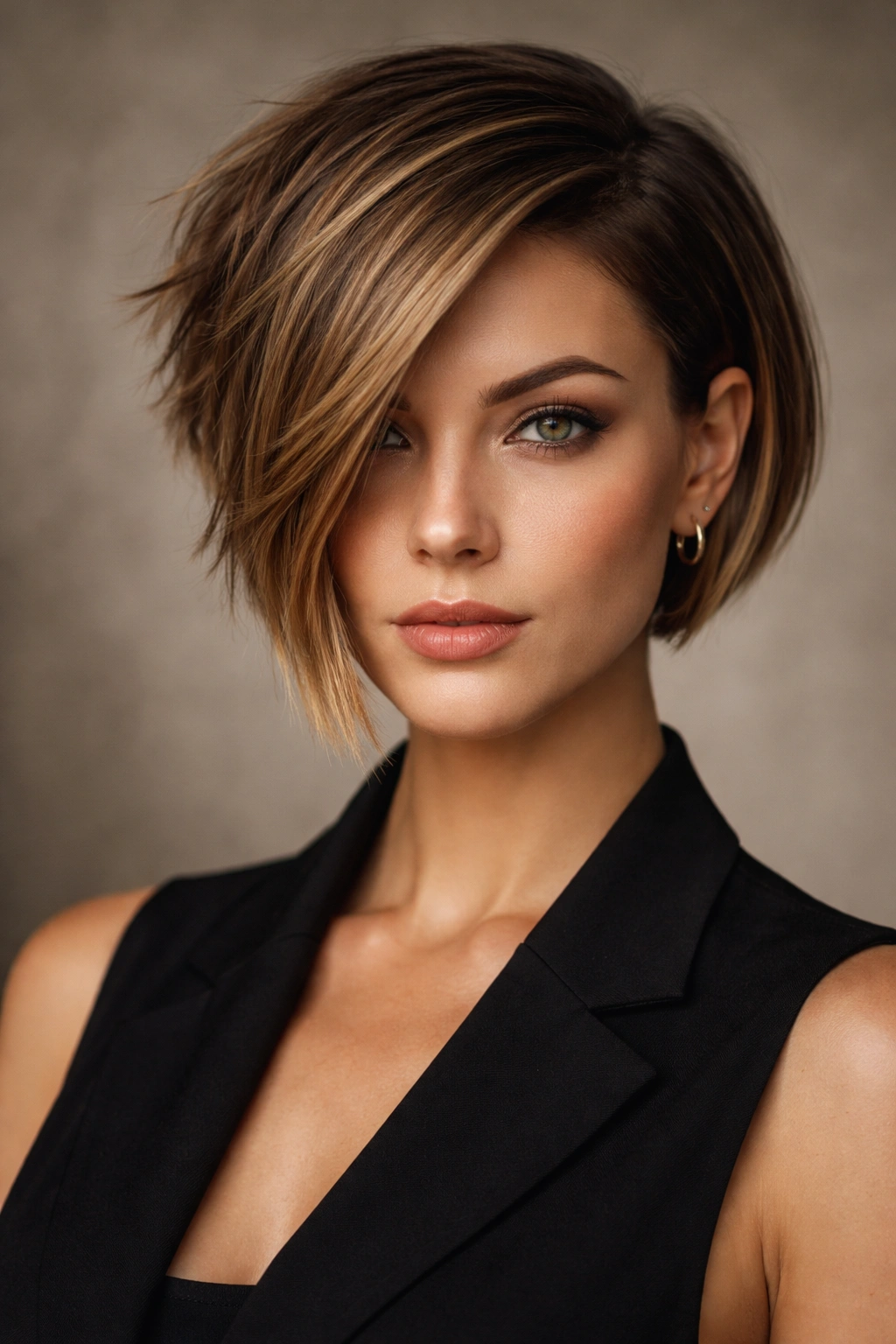 Sharp pixie-bob asymmetrical hybrid hairstyle with short pixie side and longer textured bob.