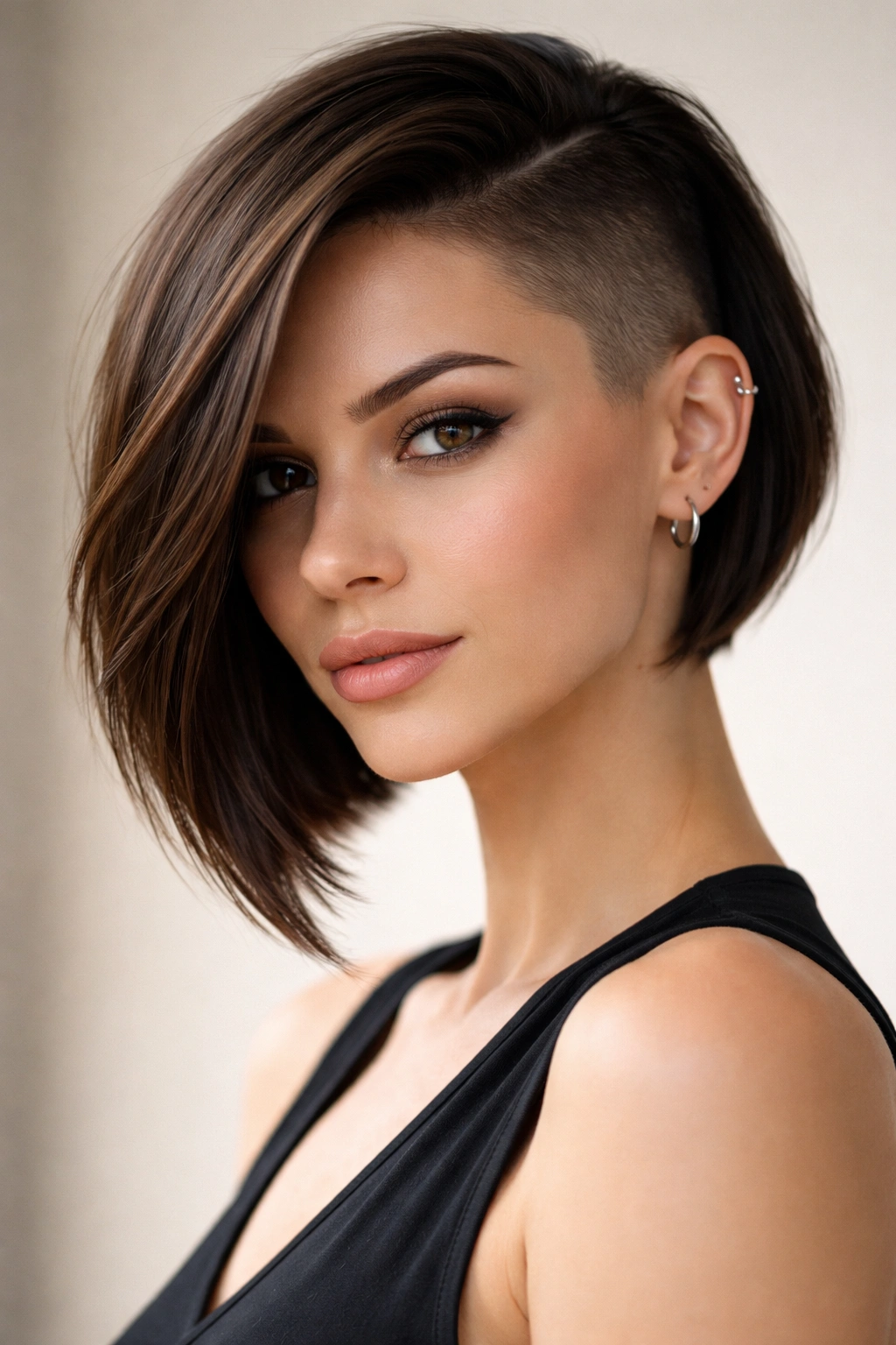 Head-and-shoulders of an asymmetrical bob with shaved undercut