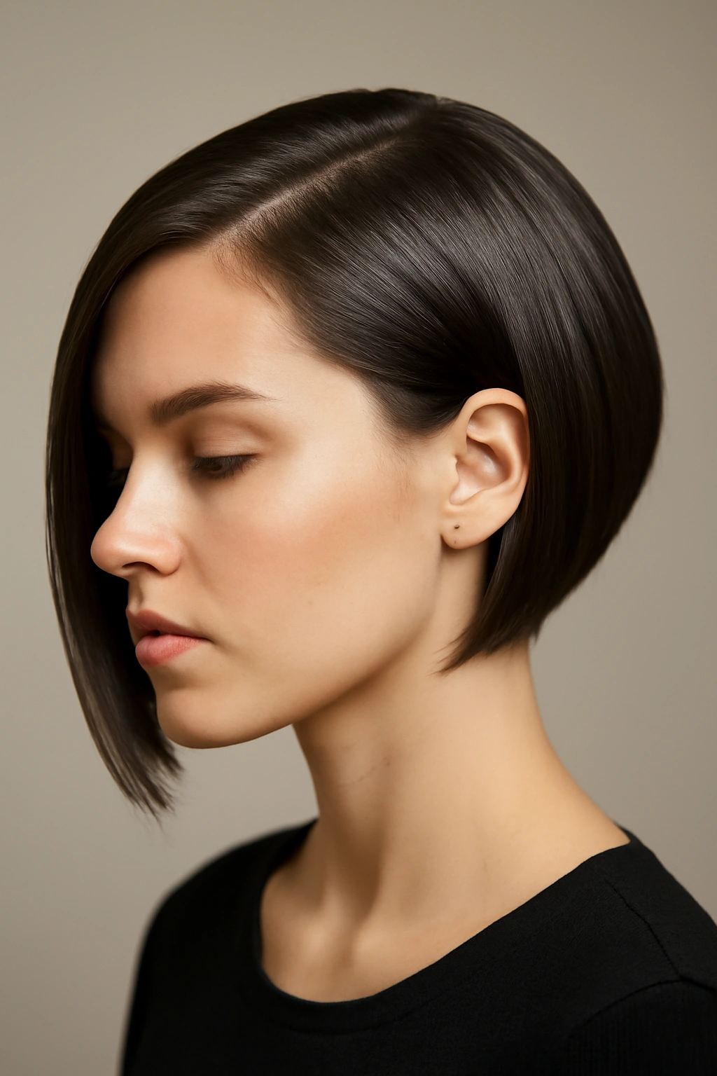 Asymmetrical bob with sharp definition and glossy finish.