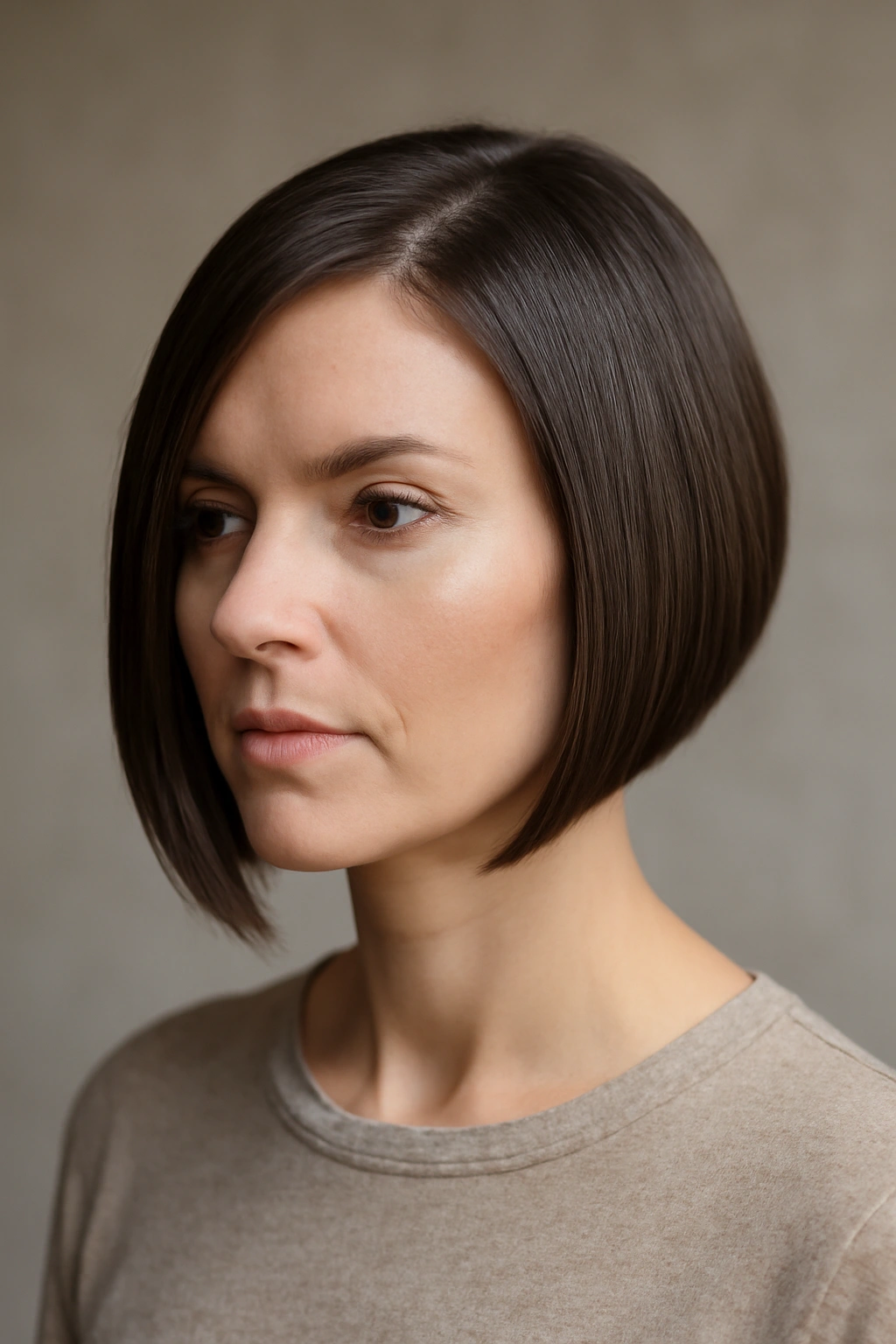 Portrait of a person with a clean-lined asymmetrical bob showing crisp geometry