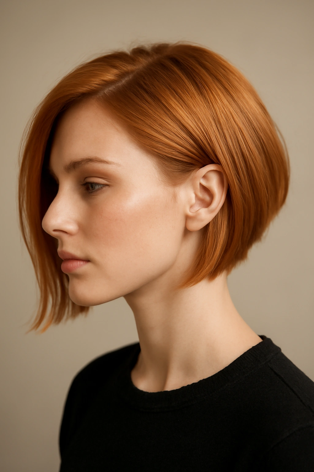 Close-up of a strawberry blonde asymmetrical bob with one longer side, studio lighting