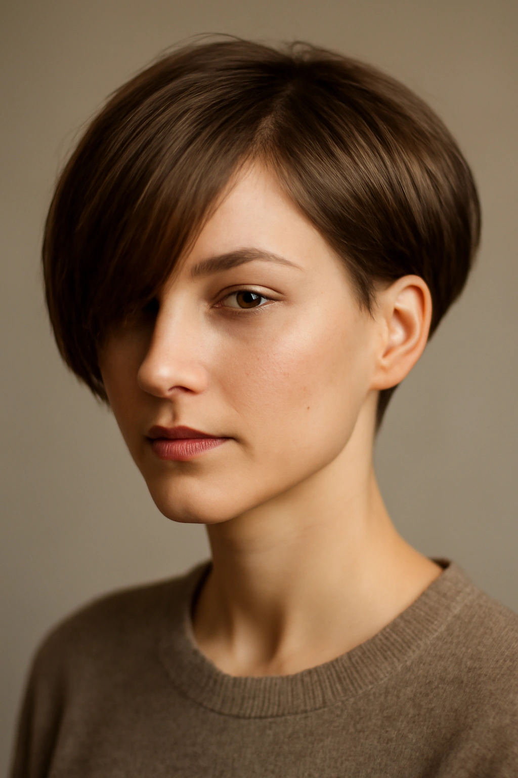 Close-up portrait of a person with a side-swept asymmetrical bowl haircut