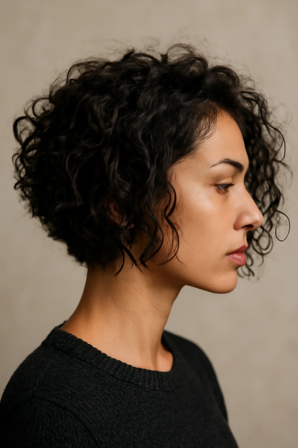 Asymmetrical choppy bob with one side short and the other longer showing textured layers