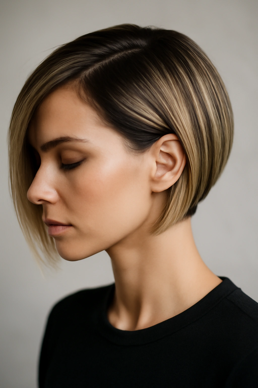 Sleek asymmetrical crop showing longer side with blonde highlights