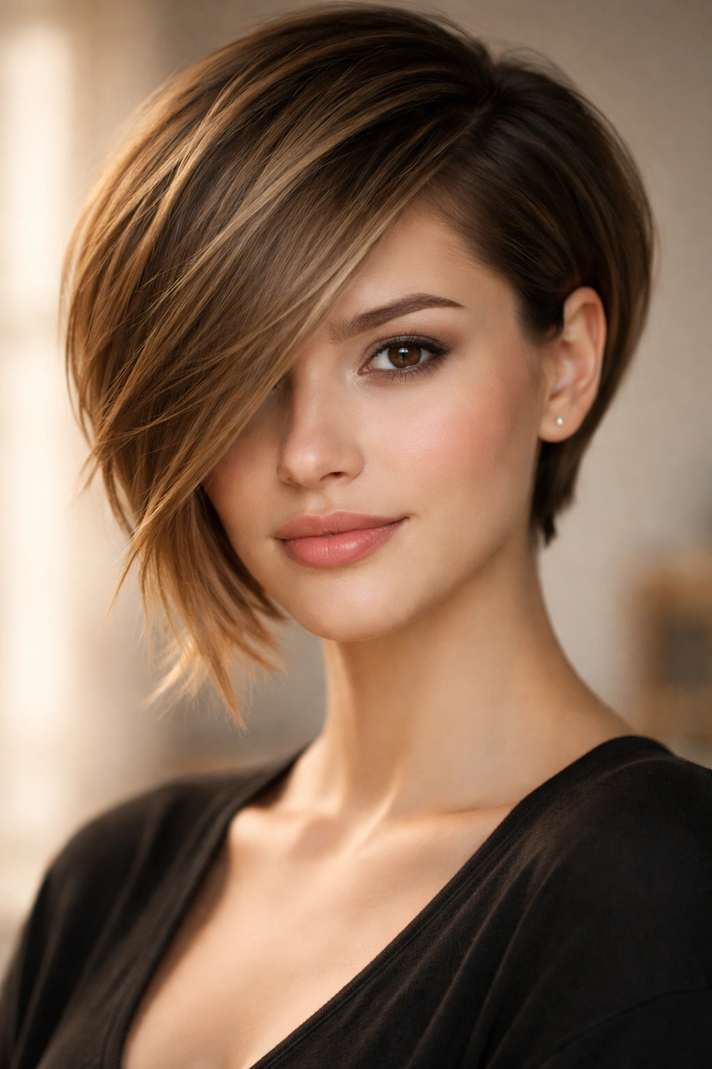 Asymmetrical crop with long side-sweep framing the face