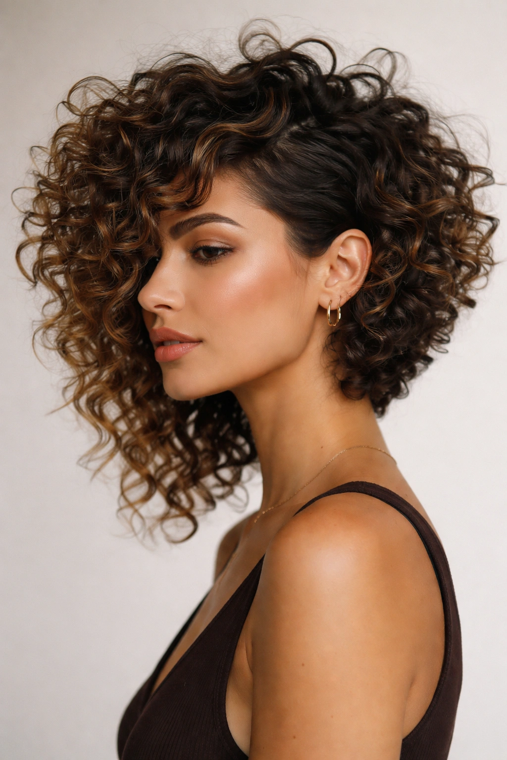 Portrait showing an asymmetrical curly cut with a longer side and shorter side highlighting texture