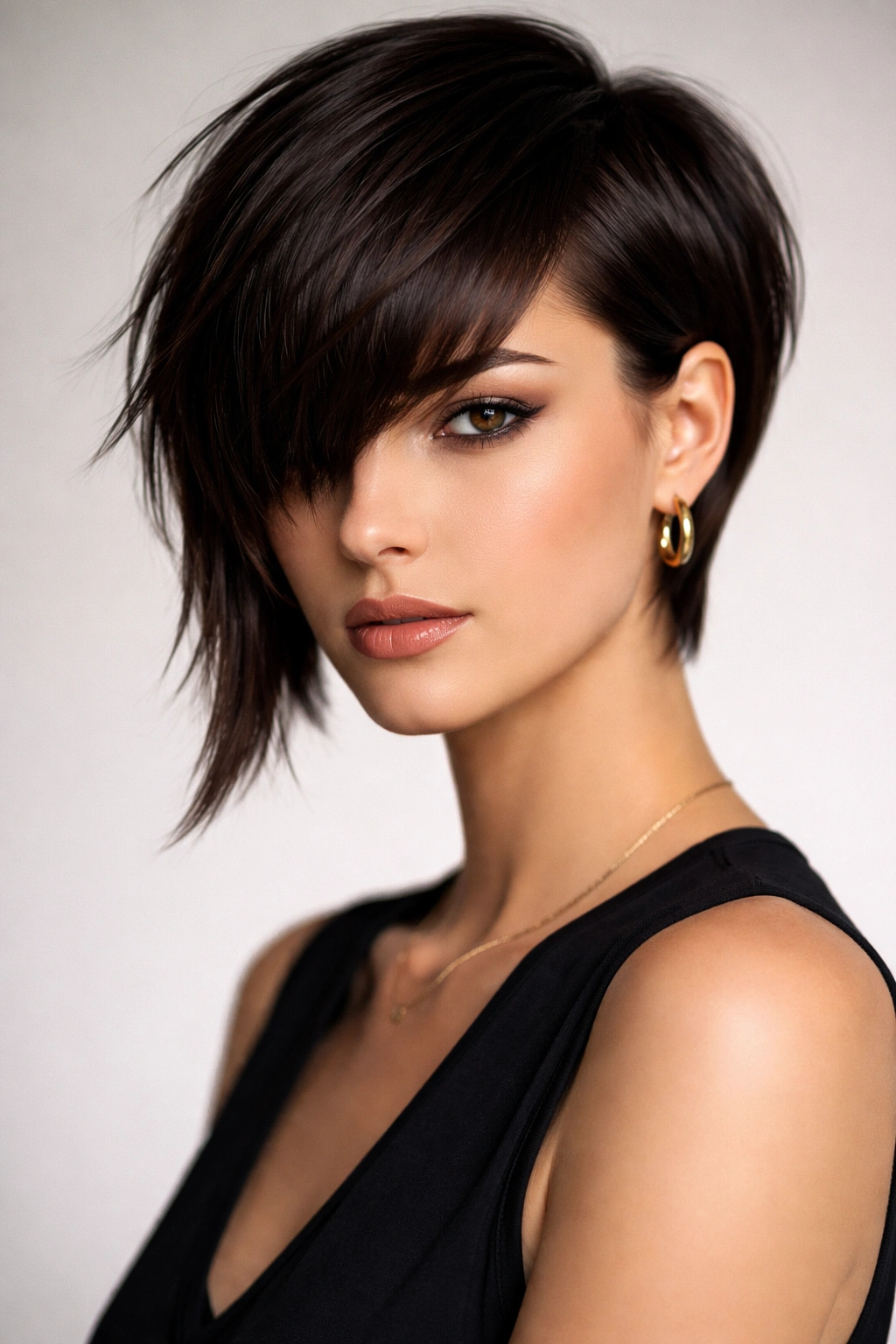 Portrait of asymmetrical cut with angled bangs