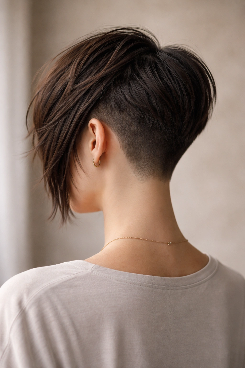 Back view of a model with an asymmetrical haircut showing a shaved side and a longer layered opposite side.