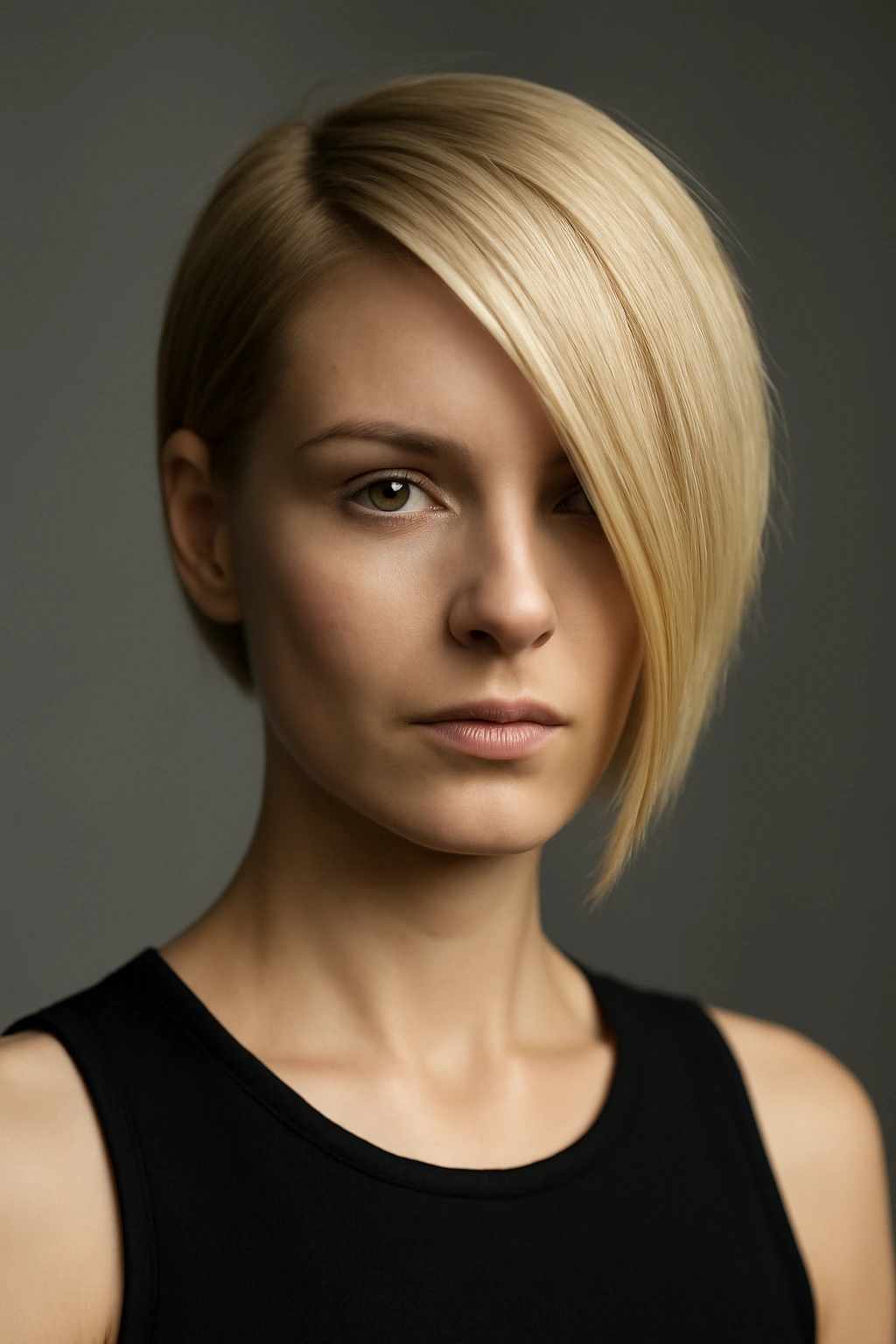 Portrait of a blonde asymmetrical short cut with dramatic length difference