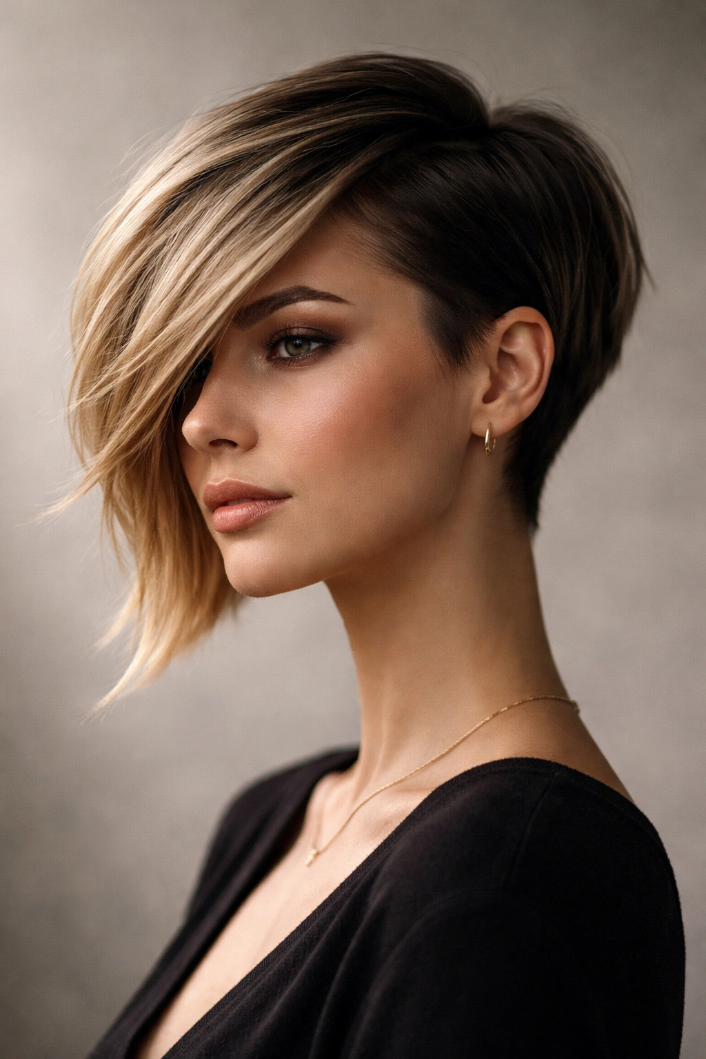 Profile view of a bold asymmetrical haircut with uneven lengths