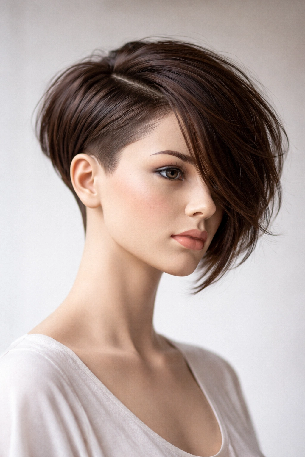 Mannequin head with an asymmetrical cut showing a cropped side and longer opposite side across the cheekbone.