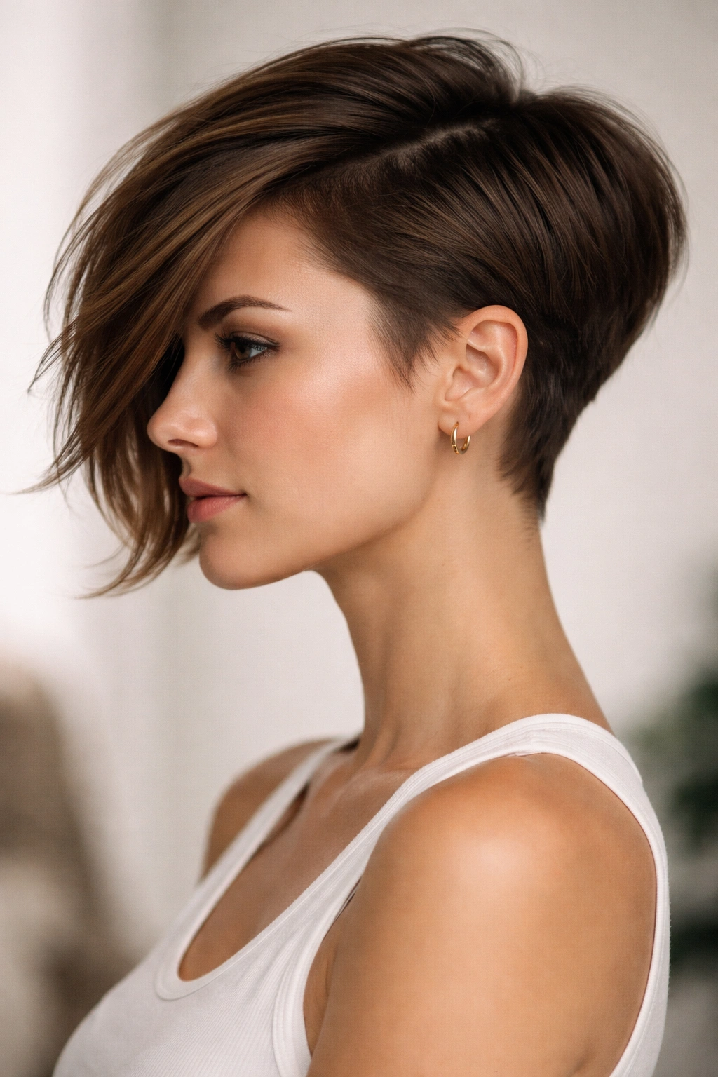 Asymmetrical haircut with unequal lengths creating balance