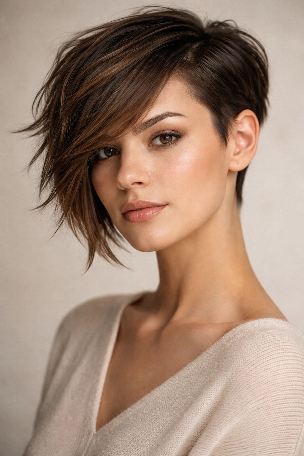 Portrait of an asymmetrical short cut with one side shorter than the other.
