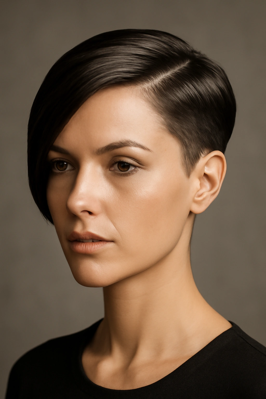 Asymmetrical short cut with one side longer, sleek and polished