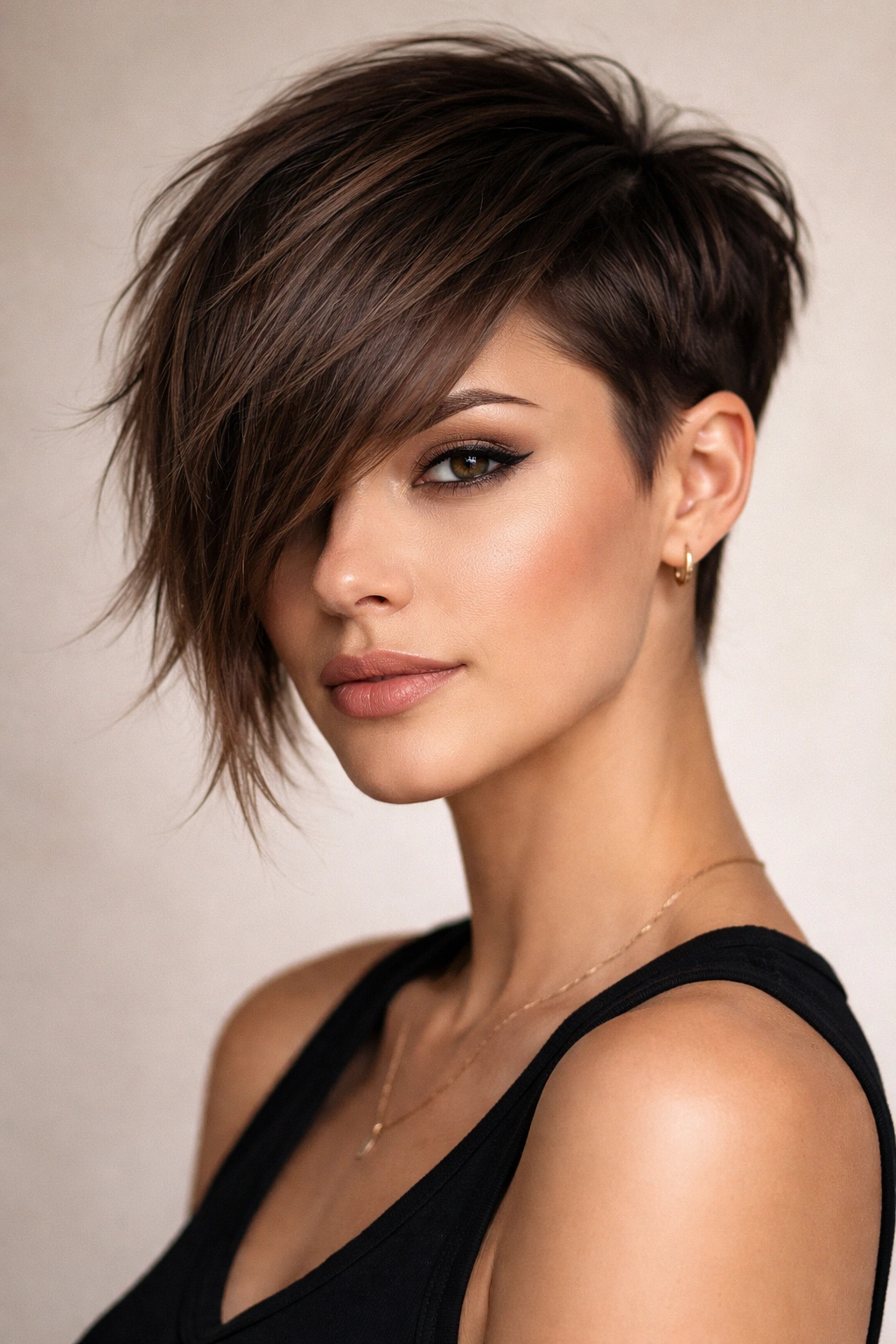 Close-up portrait of a woman with an asymmetrical fringe and textured back hair