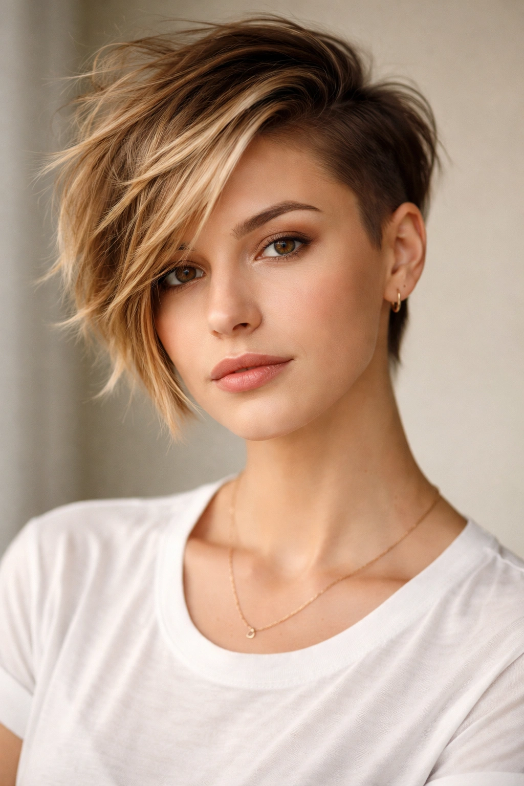 Portrait showing an asymmetrical haircut with one side shorter than the other