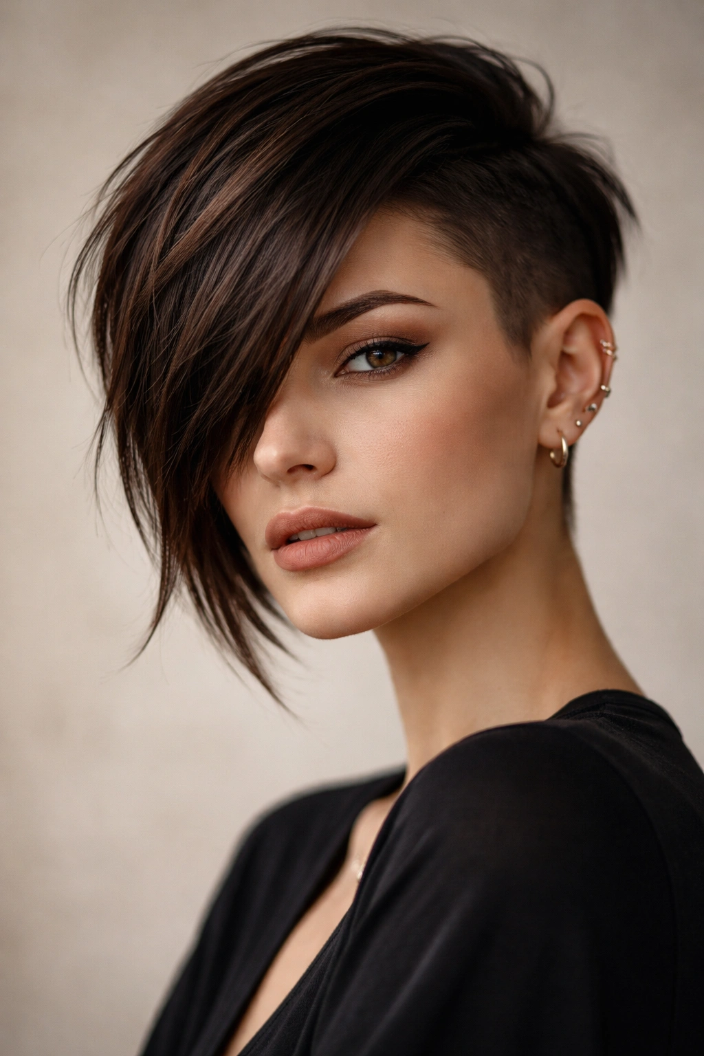 Portrait of a person with an asymmetrical cut showing one side shaved and the other longer