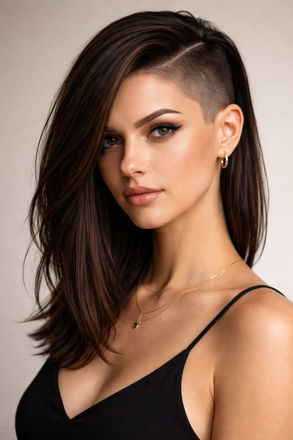 Close-up portrait highlighting an extreme asymmetrical side-part cut with a buzzed short side and longer opposite side