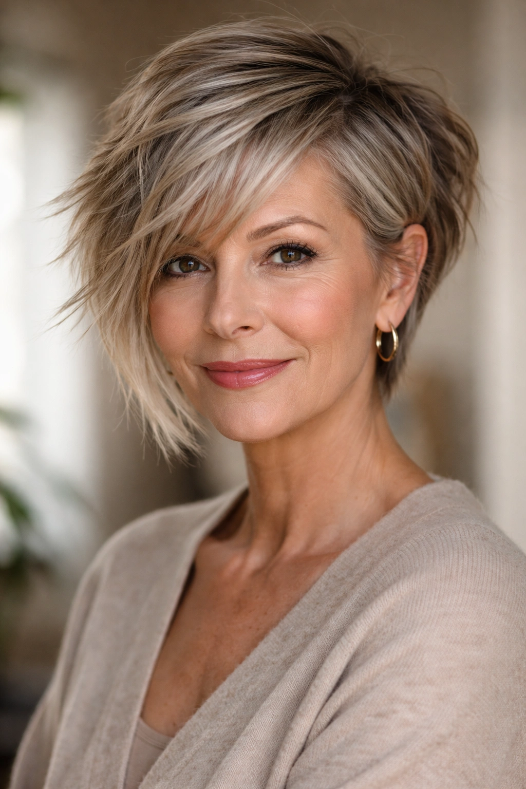 Asymmetrical cut with longer and shorter sides and textured layers